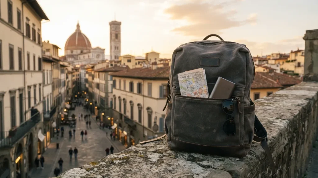 Travel backpack with map and accessories overlooking a historic city.