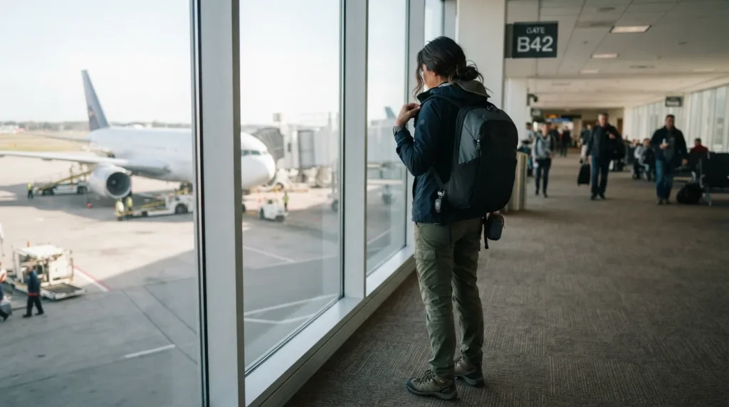 Traveler adjusting an anti-theft backpack at an airport gate, part of an essential travel packing list