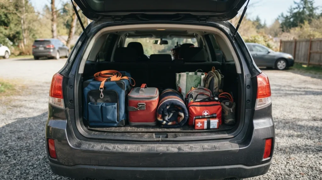 Packed car trunk with an emergency kit, cooler, blanket, and pet travel bag for a road trip packing list