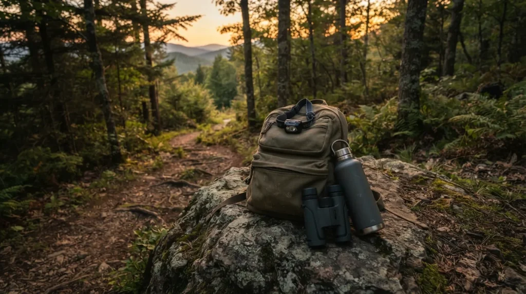 Headlamp, travel binoculars, and insulated water bottle on a forest trail at dusk