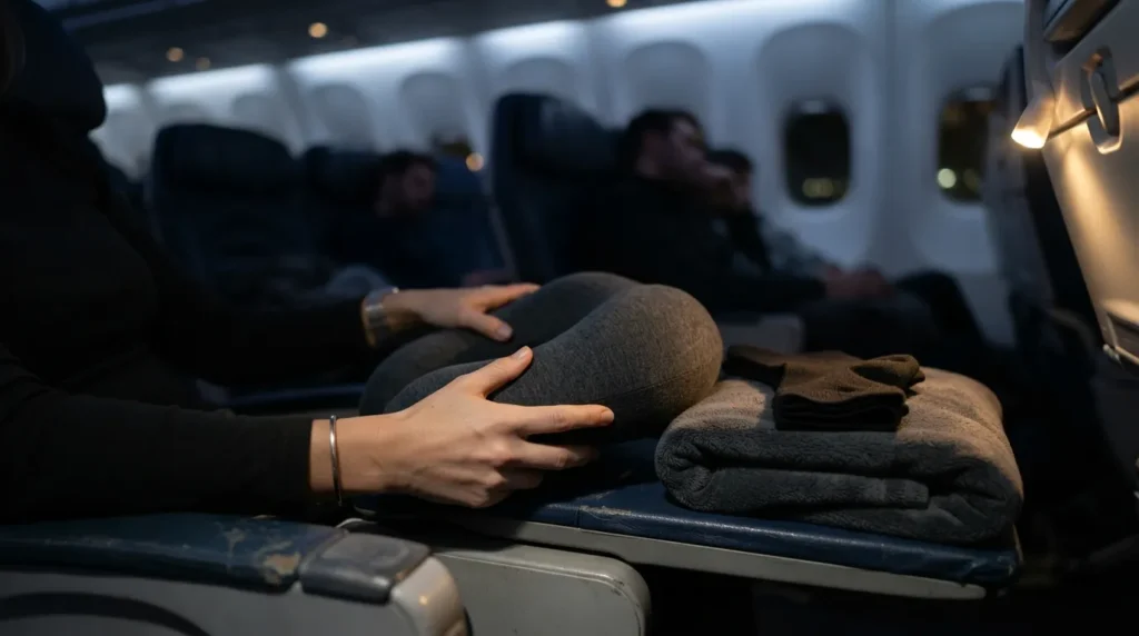 Travel neck pillow, blanket, and compression socks laid out on an airplane seat for long-haul comfort