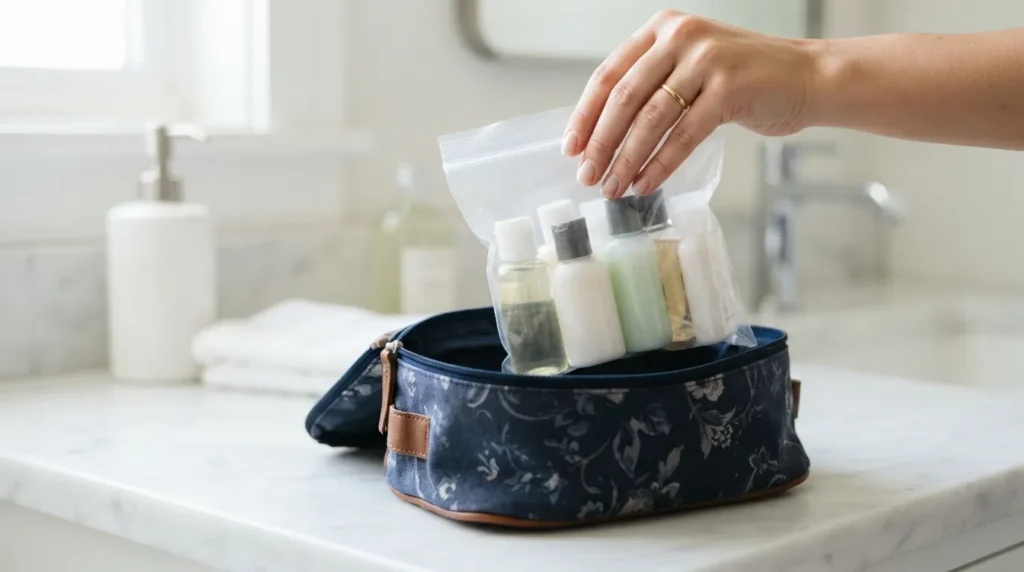 Travel-size toiletries in a TSA-approved quart-size bag following the 3-1-1 liquids rule