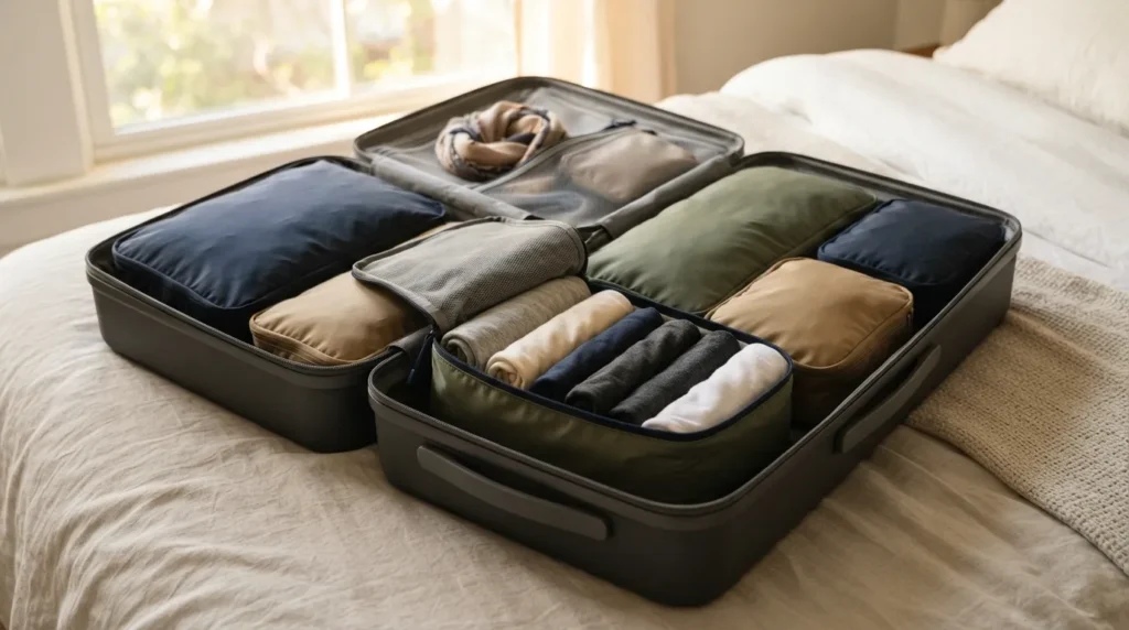 Open suitcase organized with packing cubes for efficient travel packing.
