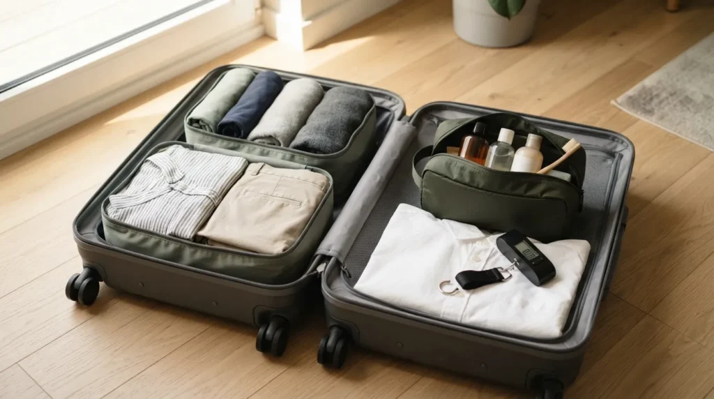 Open carry-on suitcase with packing cubes, toiletry bag, and digital luggage scale