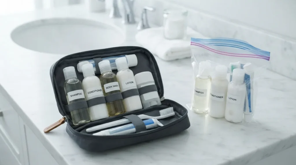 Travel toiletry bag packed with shampoo, conditioner, lotion, toothbrush, and other essentials.