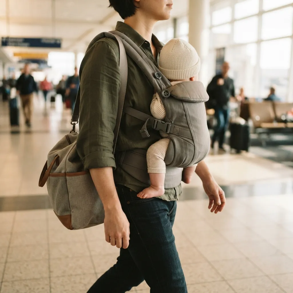Parent carrying a baby through a travel terminal with a diaper bag