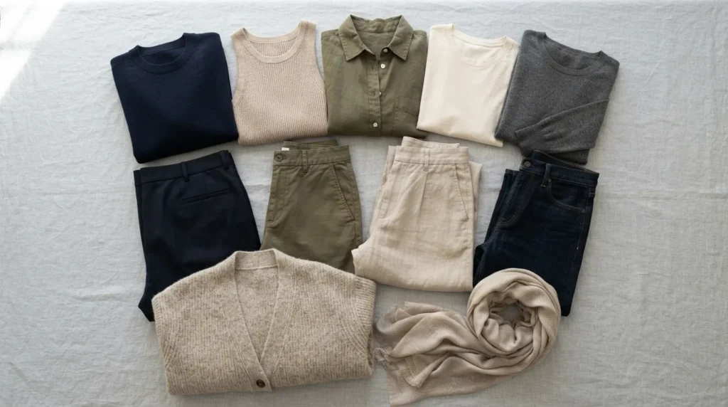 Capsule wardrobe clothing for a Europe trip in neutral tones