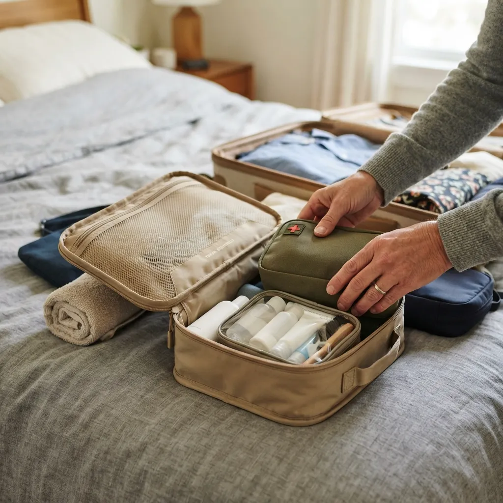 Parent packing baby toiletries and a compact first aid kit