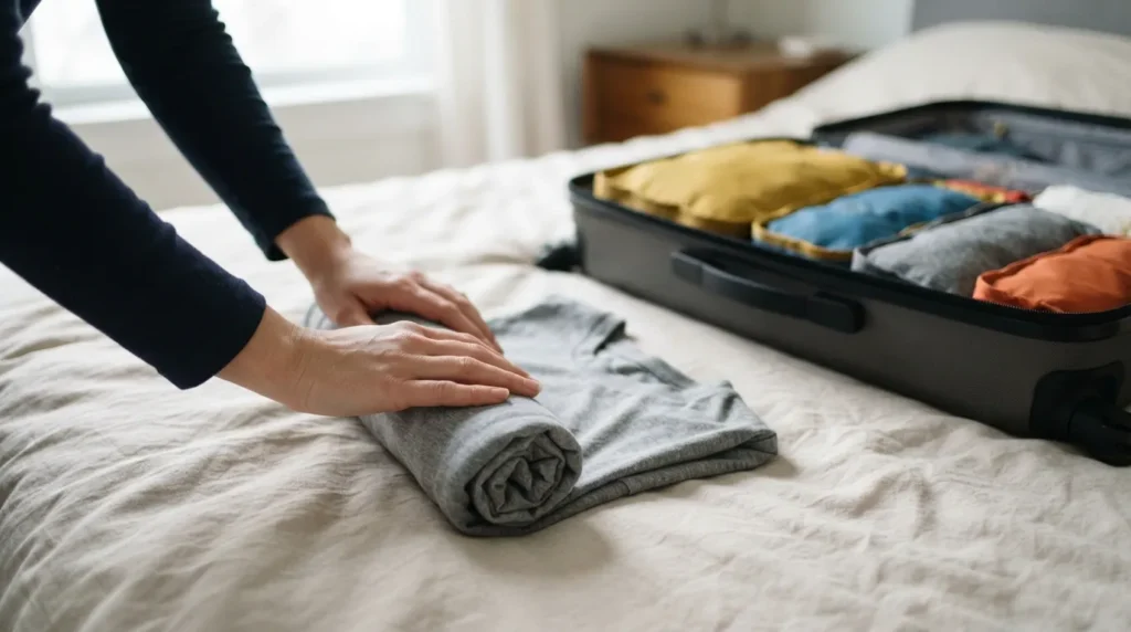 Hands rolling a t-shirt beside an open suitcase with color-coded packing cubes