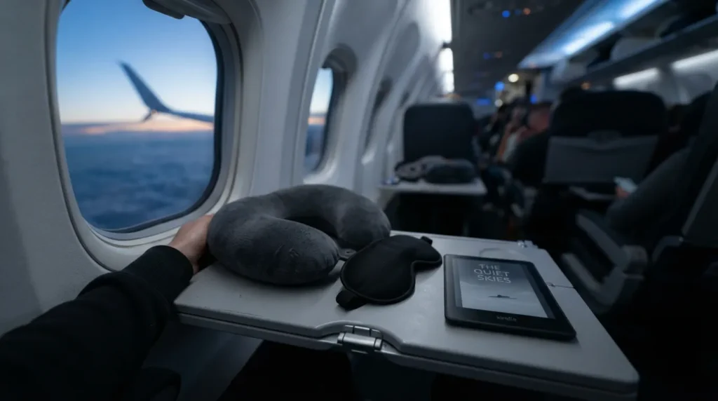 Neck pillow, sleep mask, and e-reader arranged on a plane tray table as in-flight travel essentials for women