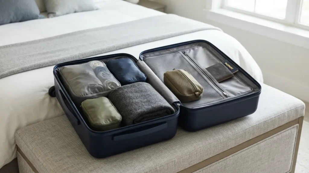 Open carry-on suitcase packed with color-coded packing cubes, travel blanket, and passport wallet