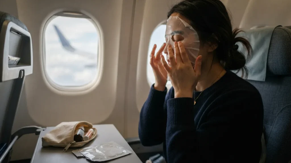 Traveler applying a hydrating sheet mask in an airplane window seat during a long-haul flight