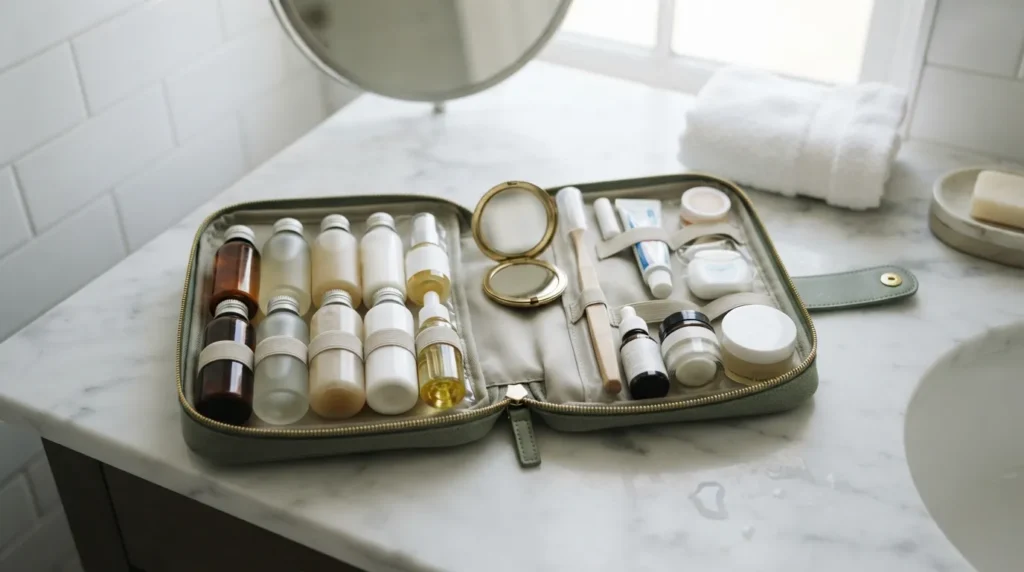 Organized travel toiletry bag with skincare and makeup essentials for women