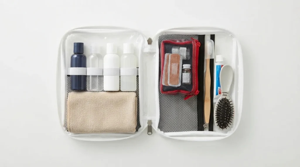 Travel toiletry bag with wet and dry compartments and a small medical kit
