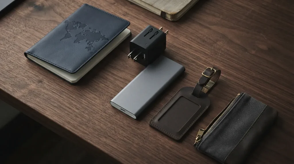 Travel documents and electronics for a Europe trip including adapter and power bank