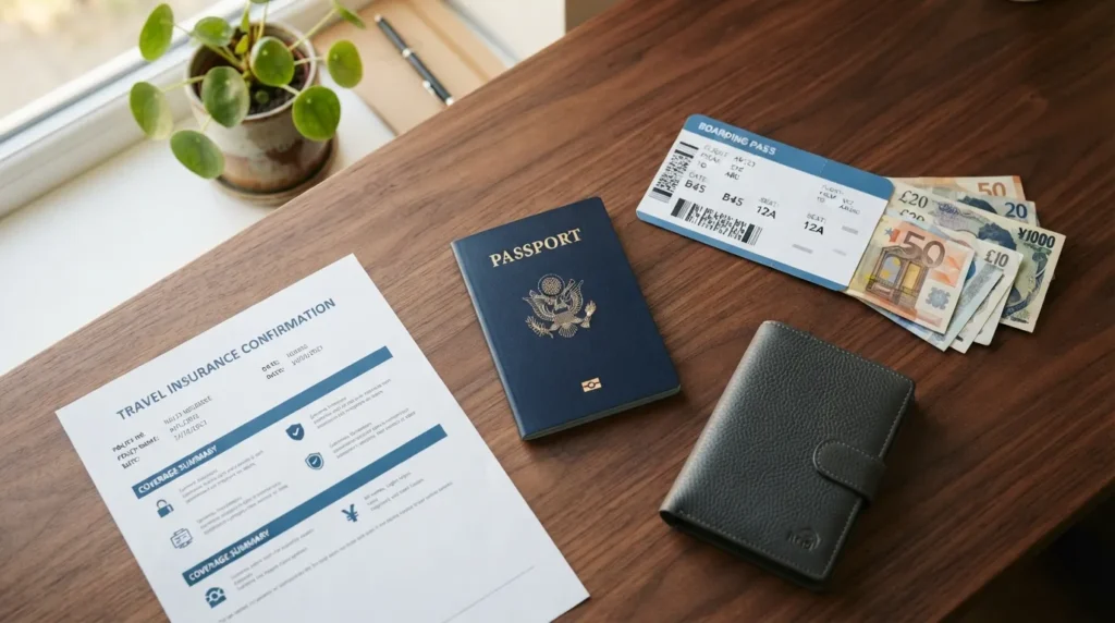 Passport, currency, and travel insurance documents laid out for an international trip