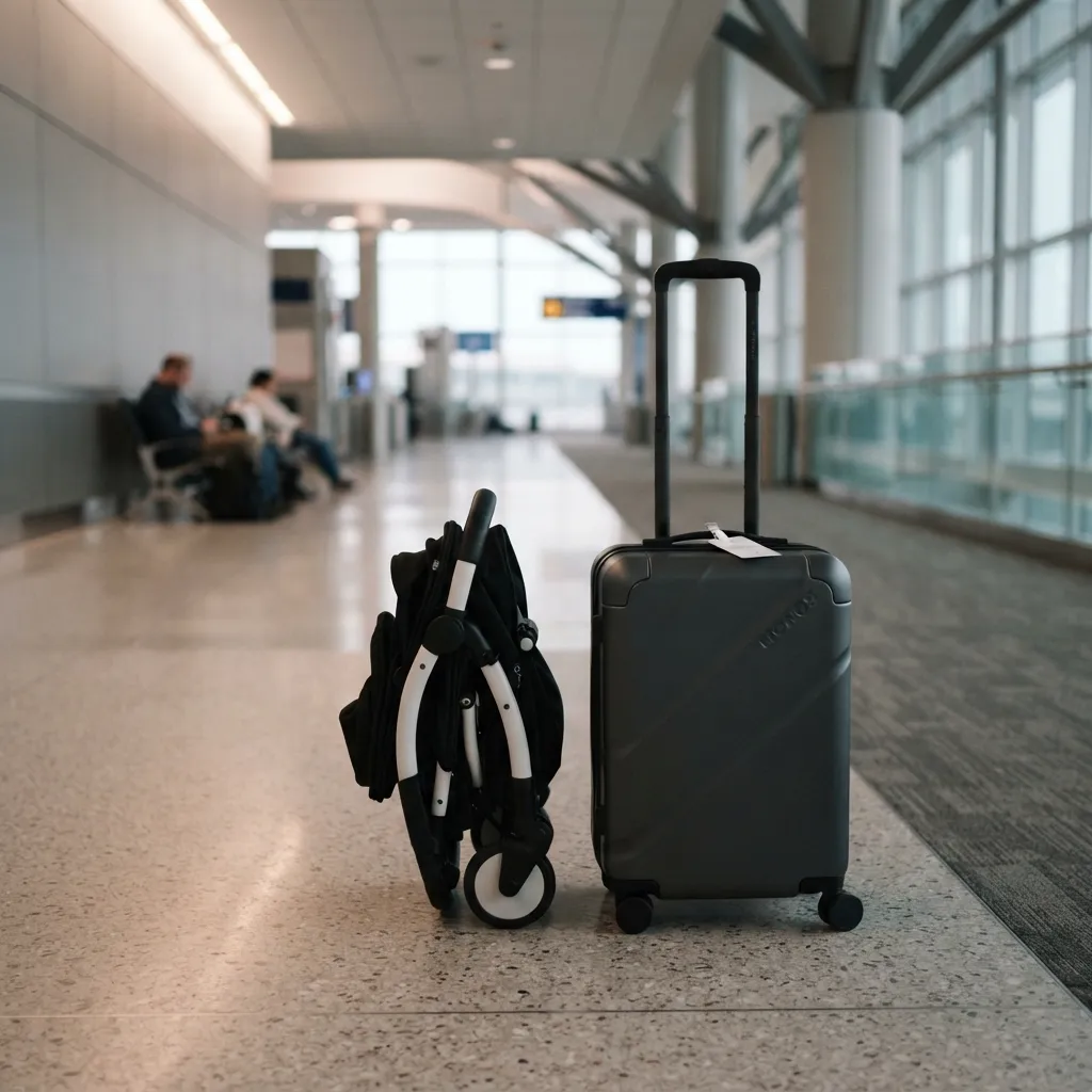 Lightweight travel stroller beside a suitcase at an airport