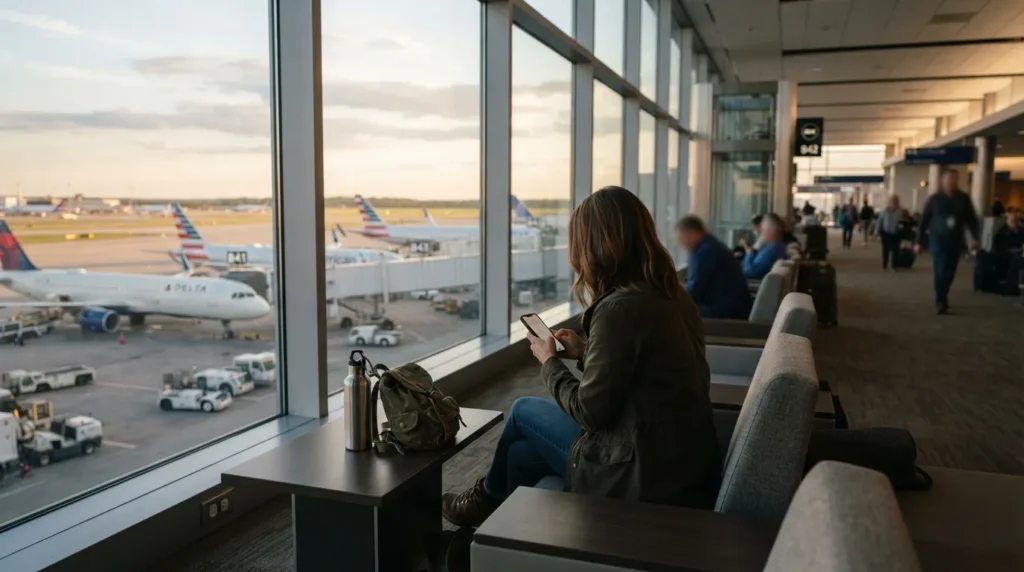 Traveler relaxing near an airport departure lounge window during a long-haul flight layover