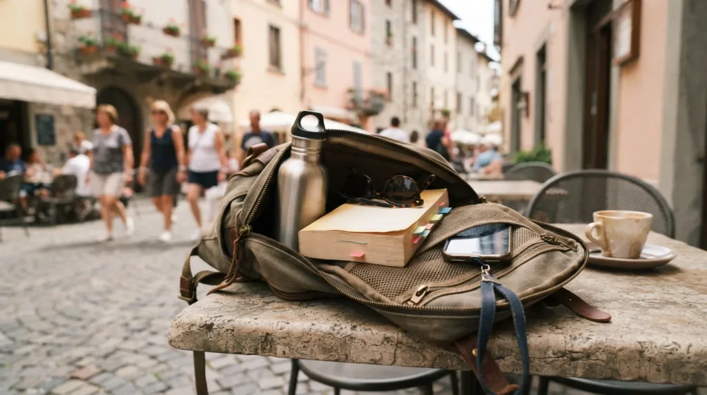 Travel daypack essentials on a cafe table in a European old town