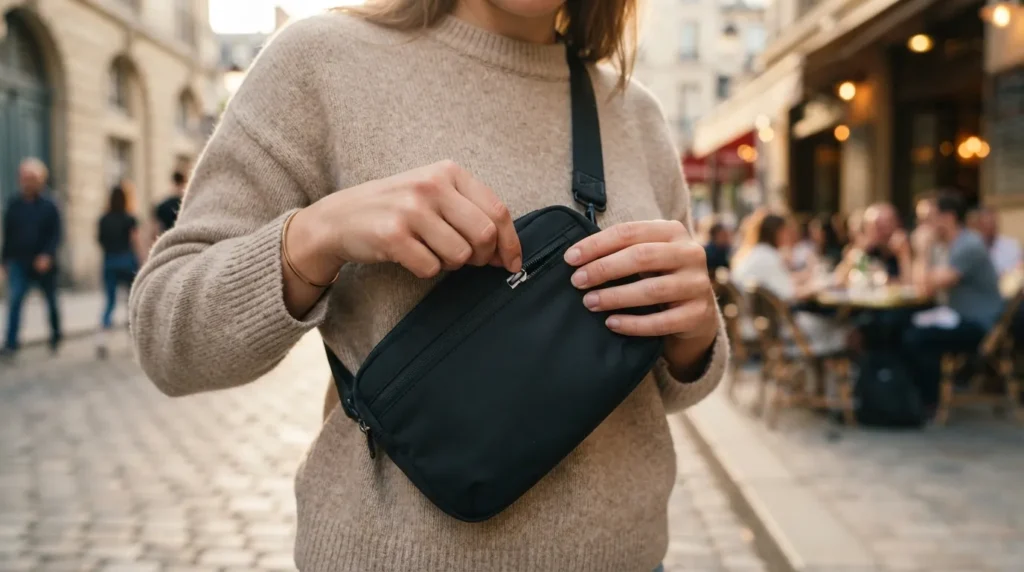 Woman zipping an anti-theft crossbody bag, a key travel safety essential for women