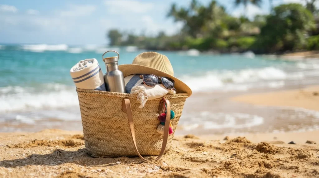 Beach bag with towel, water bottle, and sun hat on sandy shore near turquoise ocean