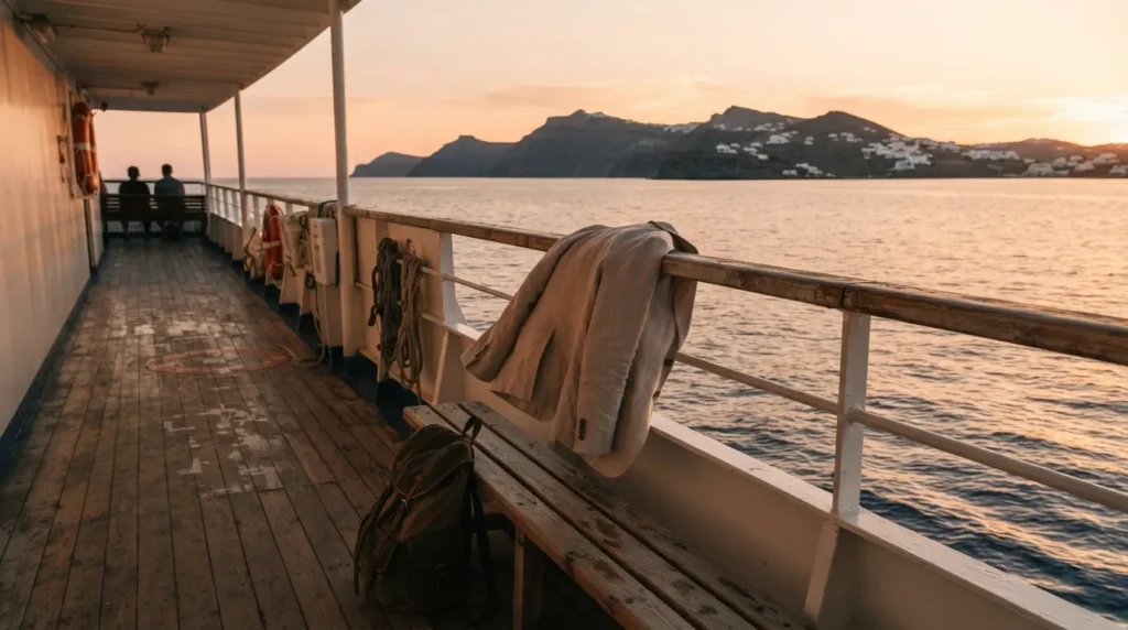 Light jacket and backpack on a ferry deck at golden hour with a Greek island in the distance