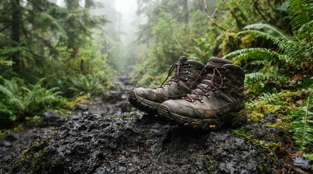 Sturdy hiking shoes with traction soles on volcanic rock trail in Hawaii