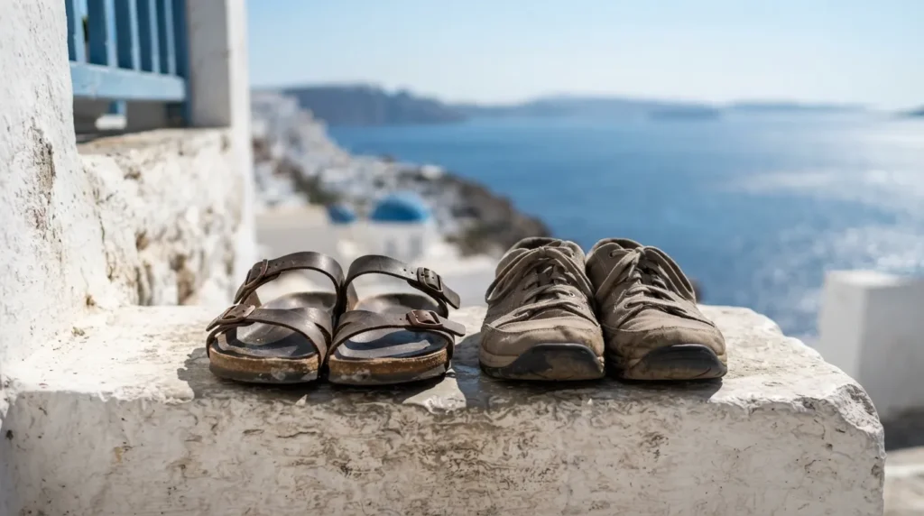 Walking shoes and leather sandals on a sunlit stone step overlooking the Aegean Sea