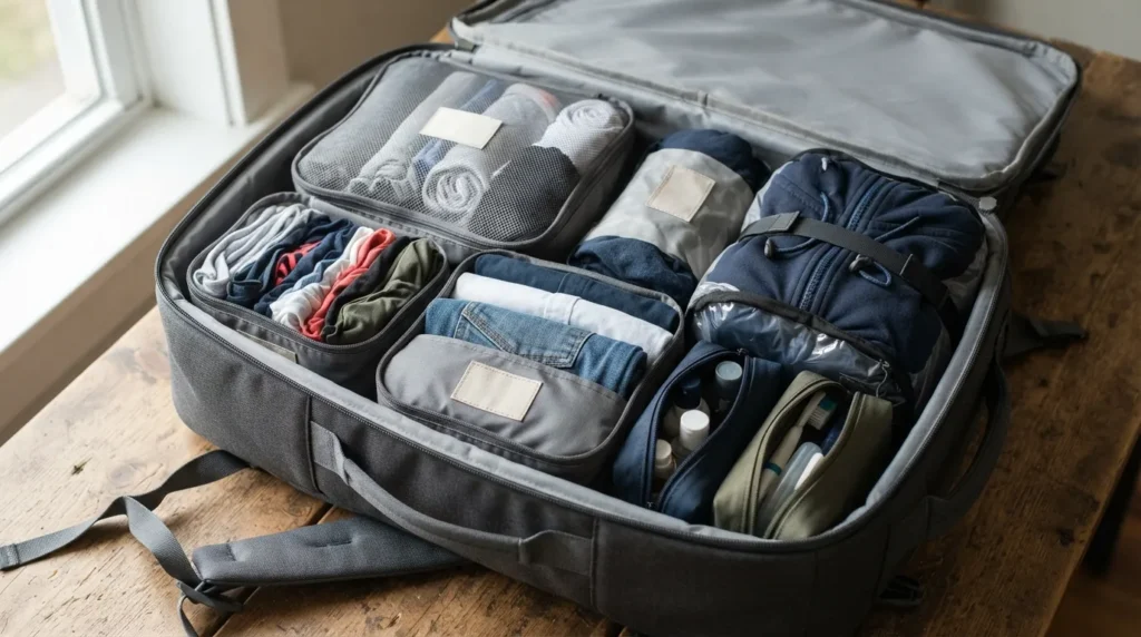 Organized packing cubes and compression bag inside an open backpack