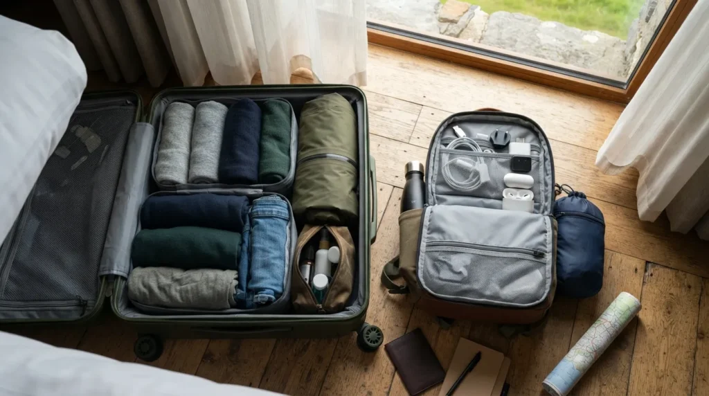 Organized carry-on suitcase with Ireland travel essentials