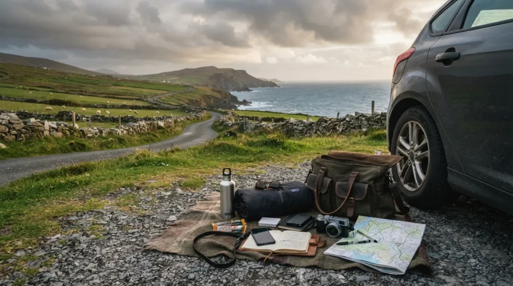 Ireland road trip day bag with travel essentials
