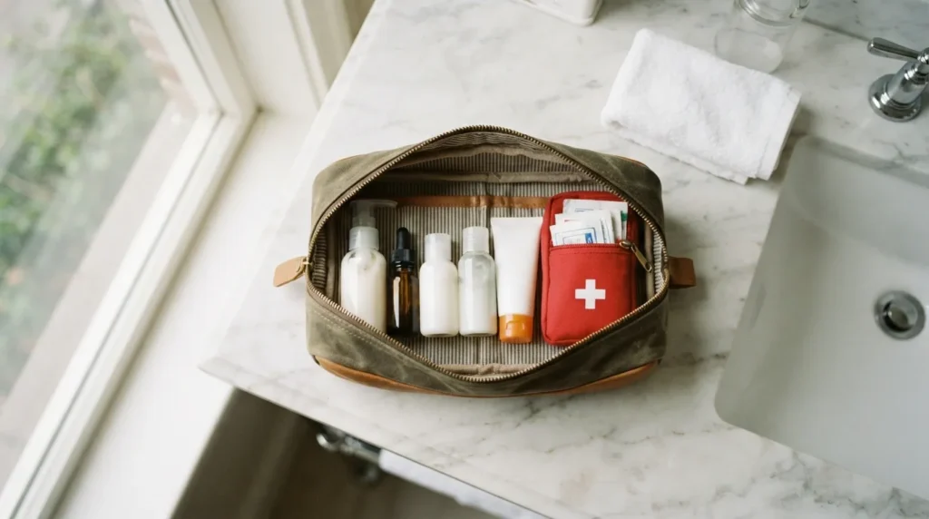 Travel toiletry bag with sunscreen, skincare, and a first-aid kit on a bathroom counter