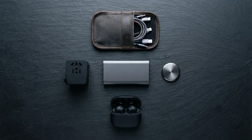 Flat lay of best travel accessories including power bank, universal adaptor, Bluetooth tracker, and cable pouch