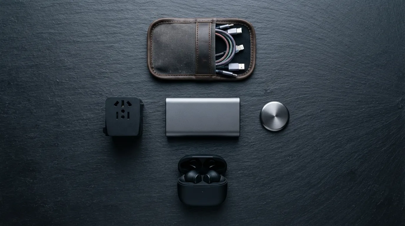 Flat lay of best travel accessories including power bank, universal adaptor, Bluetooth tracker, and cable pouch