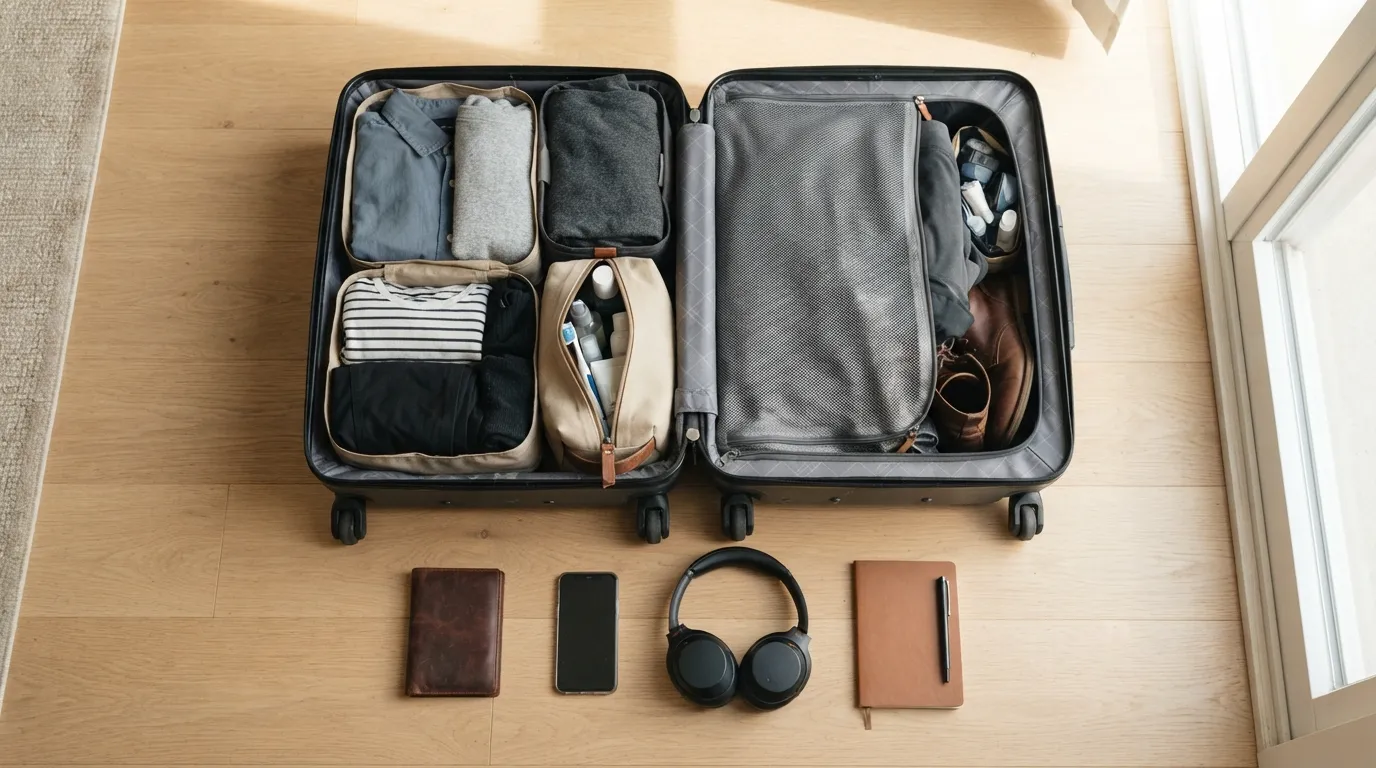 Ultimate packing list flat lay with folded clothes, packing cubes, toiletries, and travel documents in an open suitcase