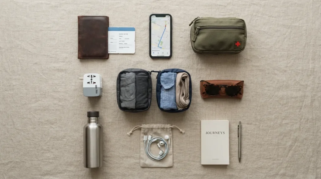 Travel essentials checklist with passport, phone, first aid kit, adapter, water bottle, and travel accessories.