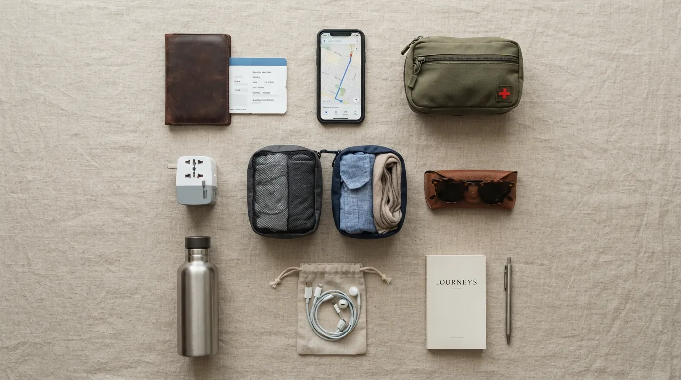 Travel essentials checklist with passport, phone, first aid kit, adapter, water bottle, and travel accessories.