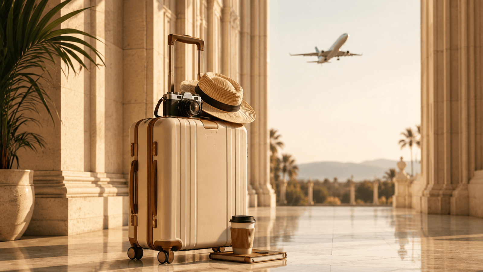 Luxury travel suitcase with hat, camera and coffee at an elegant airport departure scene