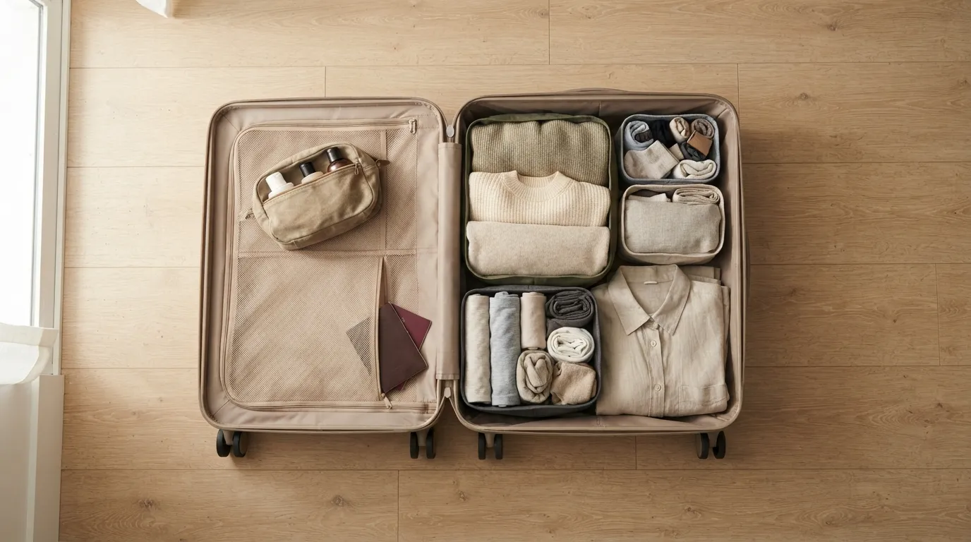 Travel essentials for women packed neatly in a carry-on suitcase with color-coded packing cubes